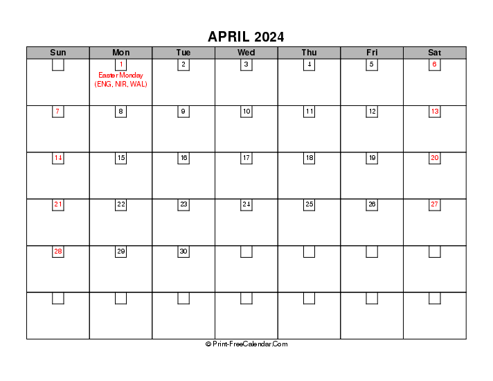 april 2024 boxy calendar with uk-bank holidays, week start on sunday, Landscape orientation