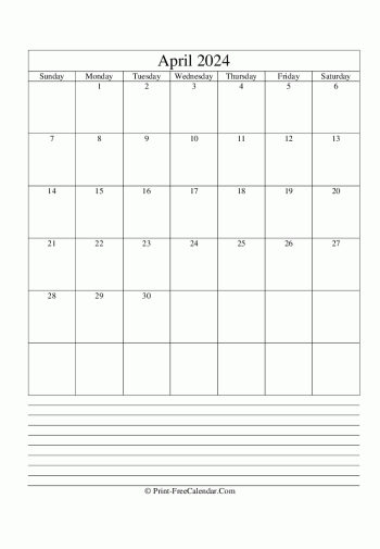 april 2024 calendar printable with notes vertical layout