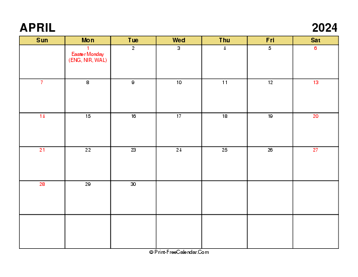 april 2024 calendar with uk-bank holidays, week start on sunday, Landscape orientation