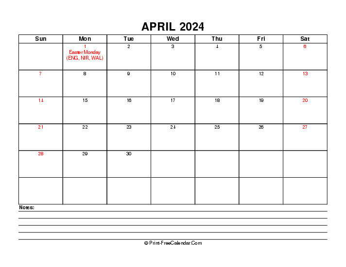 April 2024 Editable Calendar With Uk Bank Holidays Sunday Start, Landscape Layout