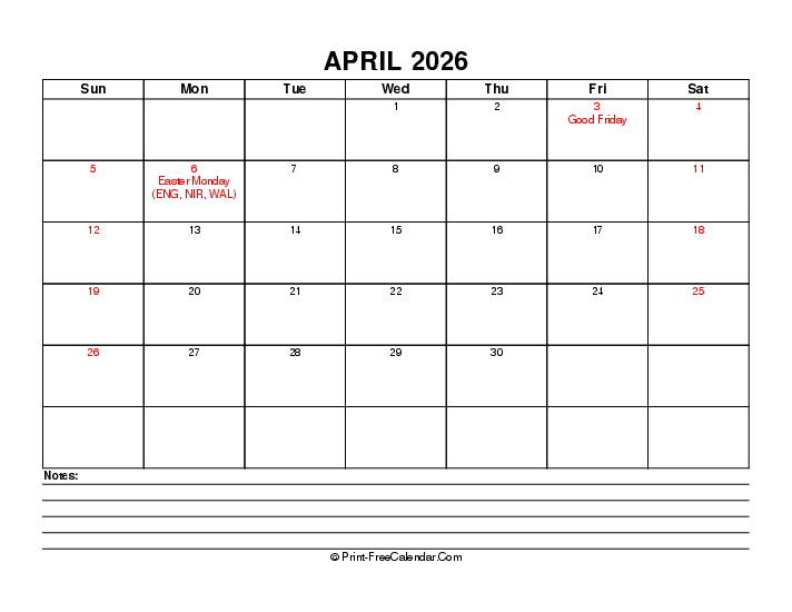 April 2026 Editable Calendar With Uk Bank Holidays Sunday Start, Landscape Layout