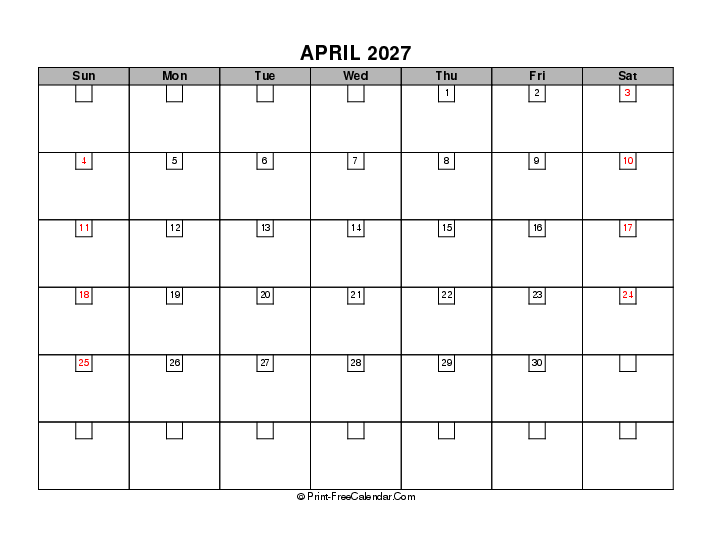 April 2027 Boxy Calendar With Usa Holidays Sunday Start, Landscape Layout