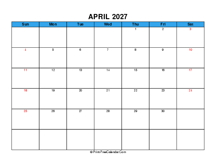 April 2027 Calendar With Usa Holidays Sunday Start, Landscape Layout