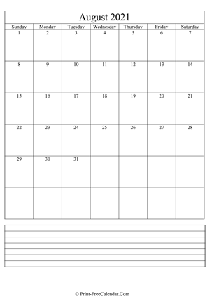 august 2021 calendar printable with notes vertical layout
