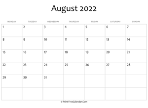 august 2022 editable calendar with holidays