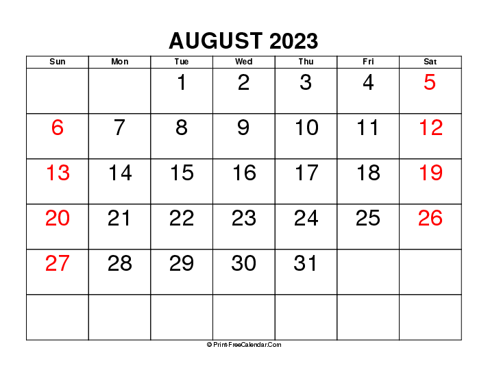 august 2023 calendar with large font