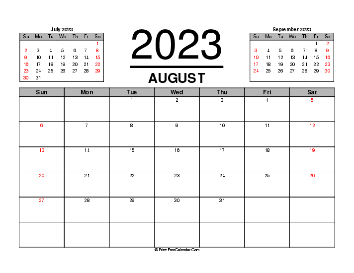 august 2023 calendar with previous and next month