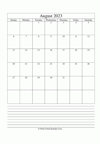 august 2023 calendar printable with notes vertical layout
