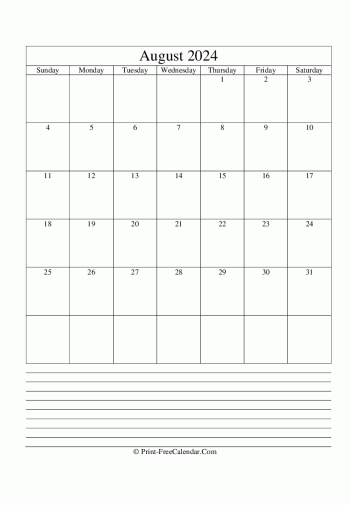 august 2024 calendar printable with notes vertical layout