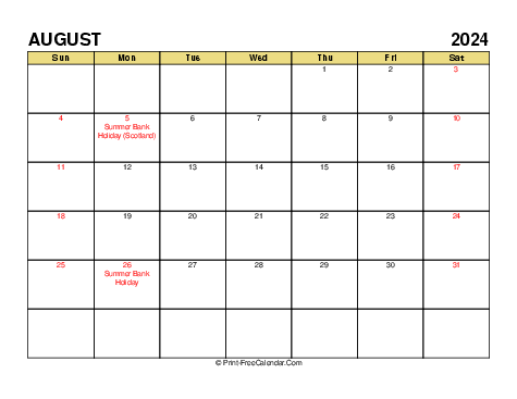 August 2024 UK Calendars