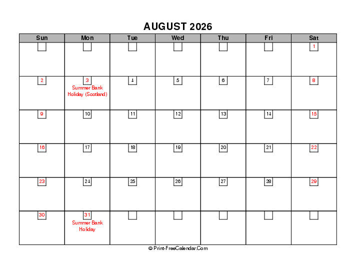 august 2026 boxy calendar with uk-bank holidays, week start on sunday, Landscape orientation