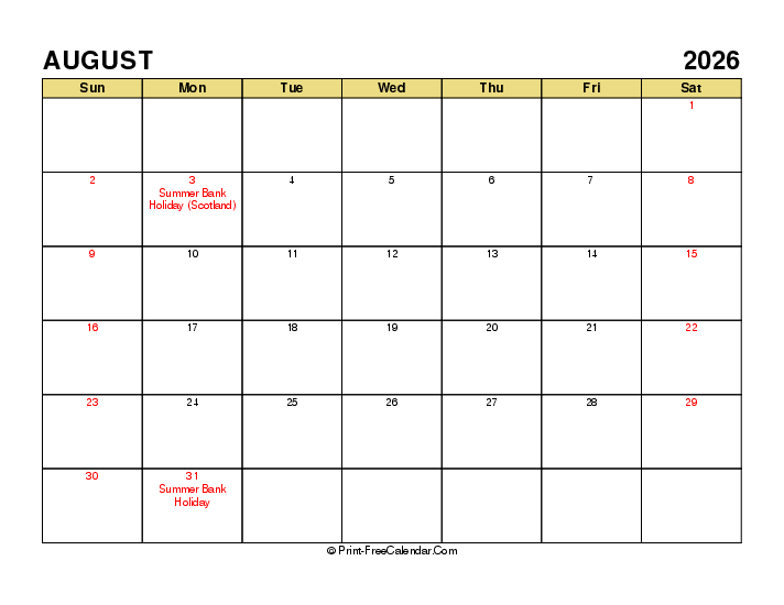 August 2026 Calendar With Uk Bank Holidays Sunday Start, Landscape Layout