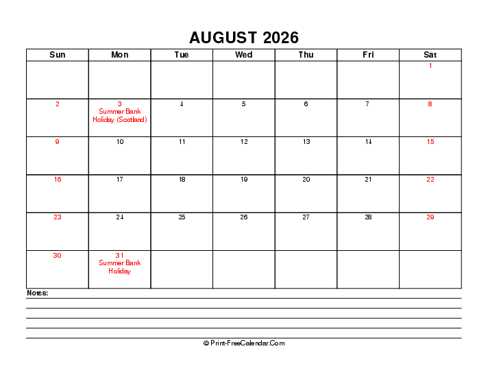 August 2026 Editable Calendar With Uk Bank Holidays Sunday Start, Landscape Layout