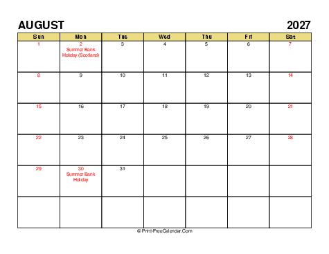 August 2027 UK Calendars