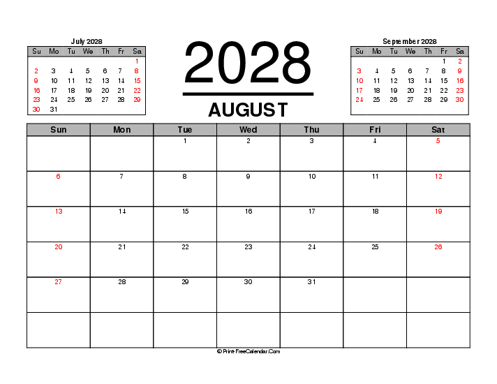 august 2028 calendar previous next month sunday start landscape