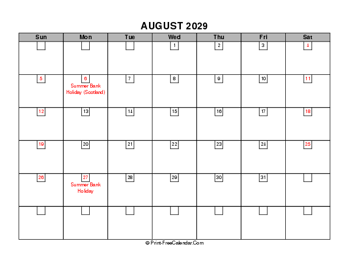 August 2029 Boxy Calendar With Uk Bank Holidays Sunday Start, Landscape Layout