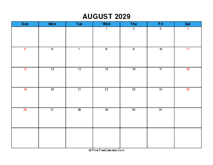 august 2029 calendar with usa holidays, week start on sunday, Landscape orientation