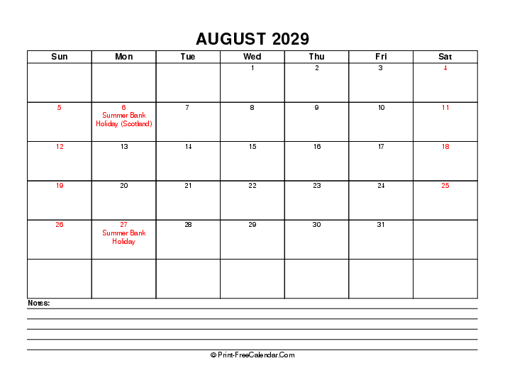 August 2029 Editable Calendar With Uk Bank Holidays Sunday Start, Landscape Layout