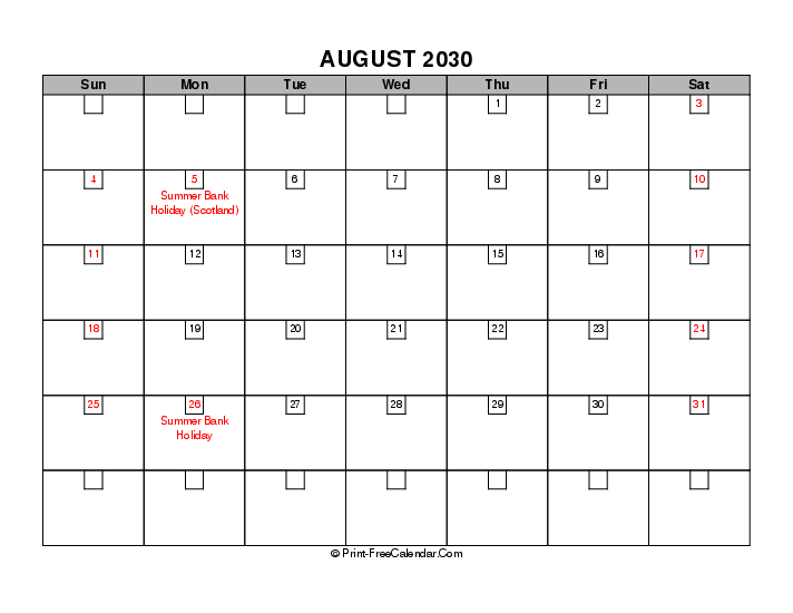 august 2030 boxy calendar with uk-bank holidays, week start on sunday, Landscape orientation