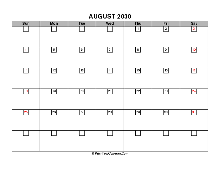 august 2030 boxy calendar with usa holidays, week start on sunday, Landscape orientation