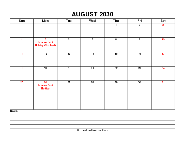 august 2030 editable calendar with uk-bank holidays, week start on sunday, Landscape orientation
