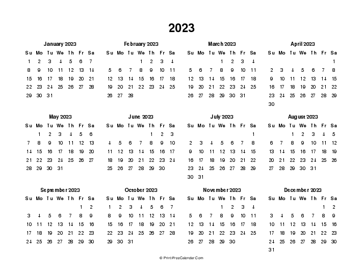blank 2023 calendar sunday start landscape