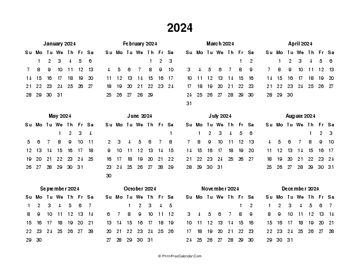 blank 2024 calendar sunday start landscape