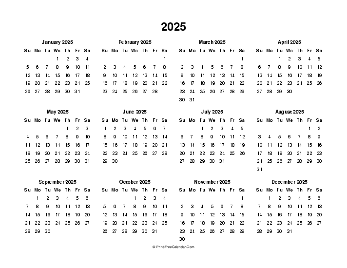 2025 Calendar (PDF, Word, Excel) Weeks start on Sunday