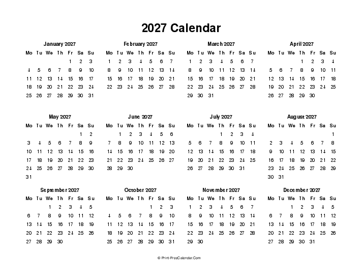 blank 2027 calendar landscape monday start