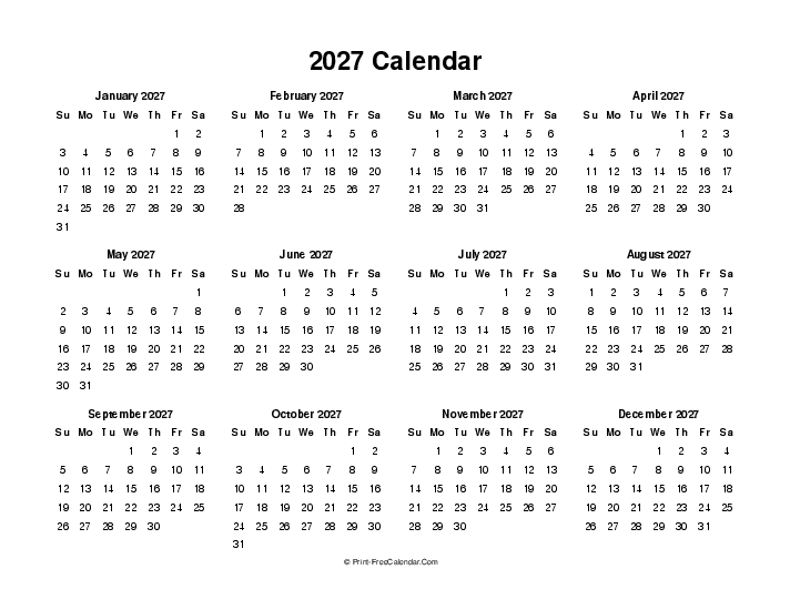 blank 2027 calendar sunday start landscape