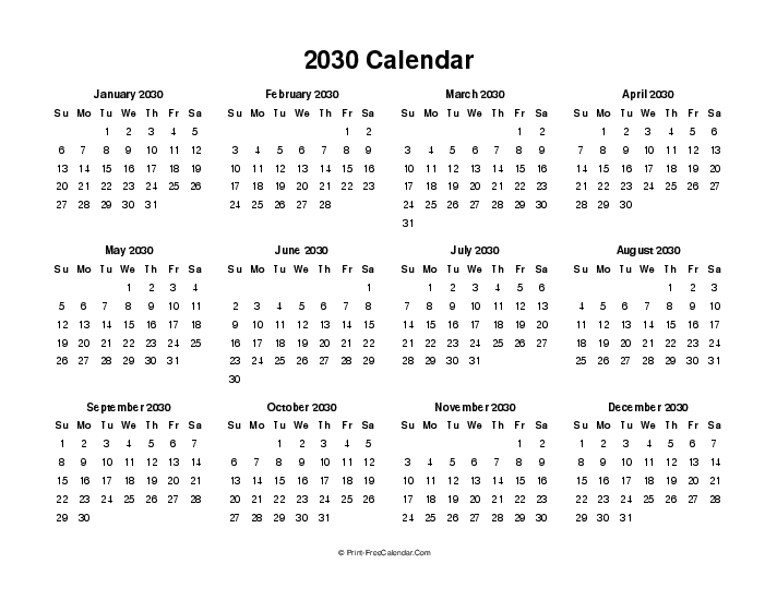 blank 2030 calendar sunday start landscape