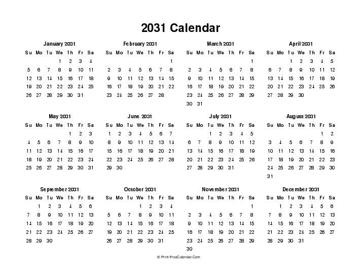 blank 2031 calendar sunday start landscape