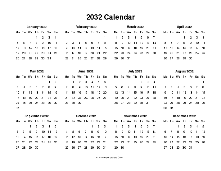 blank 2032 calendar landscape monday start
