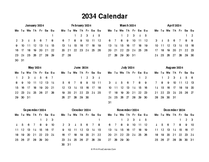 blank 2034 calendar landscape monday start