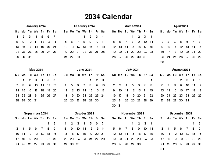 blank 2034 calendar sunday start landscape