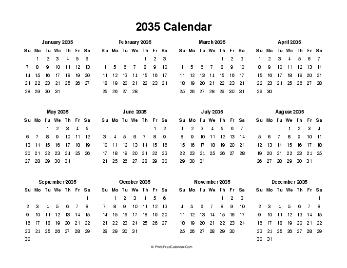 blank 2035 calendar sunday start landscape