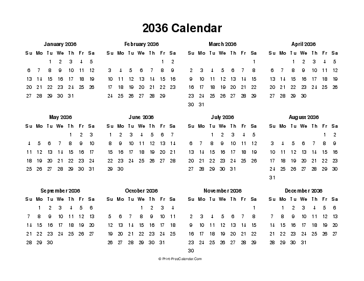 Blank 2036 Calendar Sunday Start, Landscape Layout