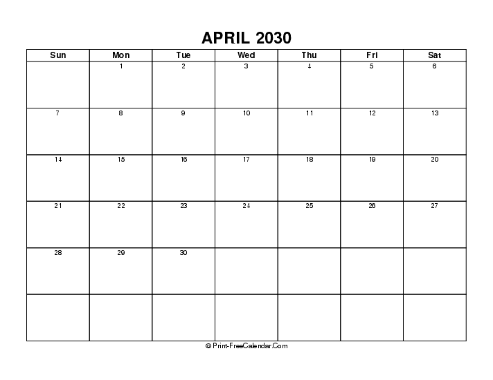 blank april 2030 calendar