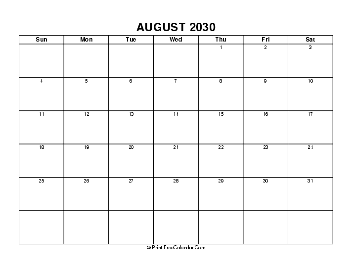 Blank August 2030 Calendar Sunday Start, Landscape Layout