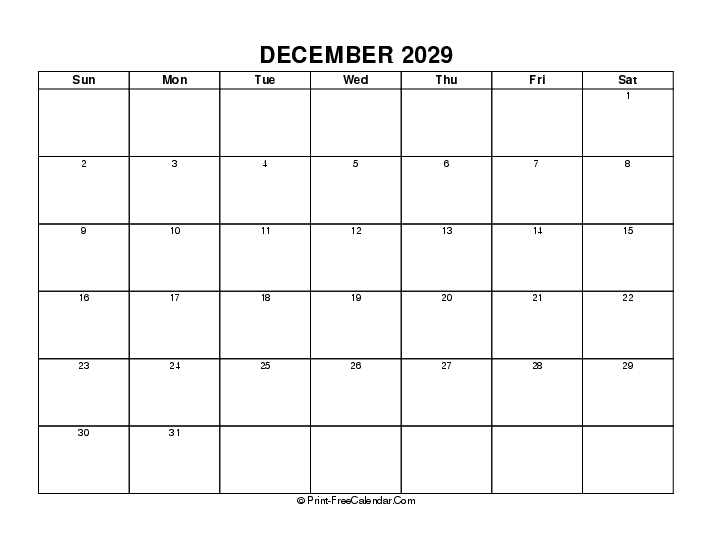 Blank December 2029 Calendar Sunday Start, Landscape Layout