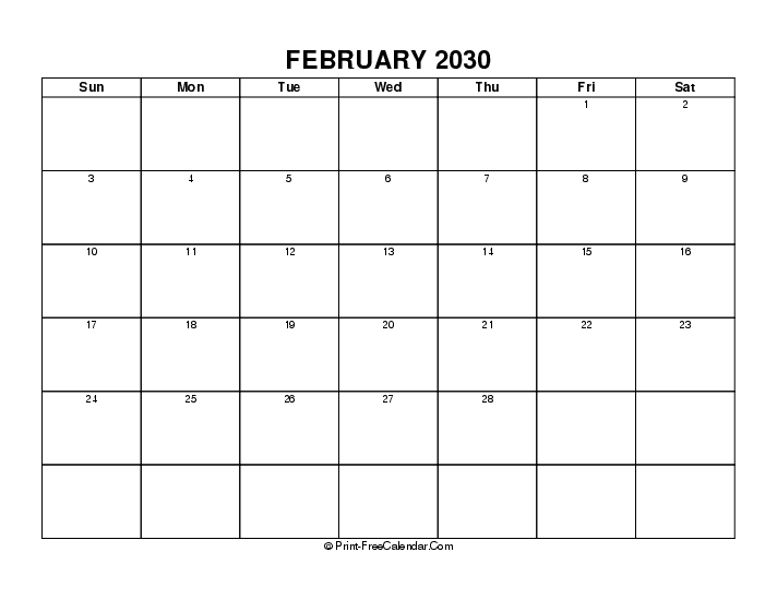 blank february 2030 calendar