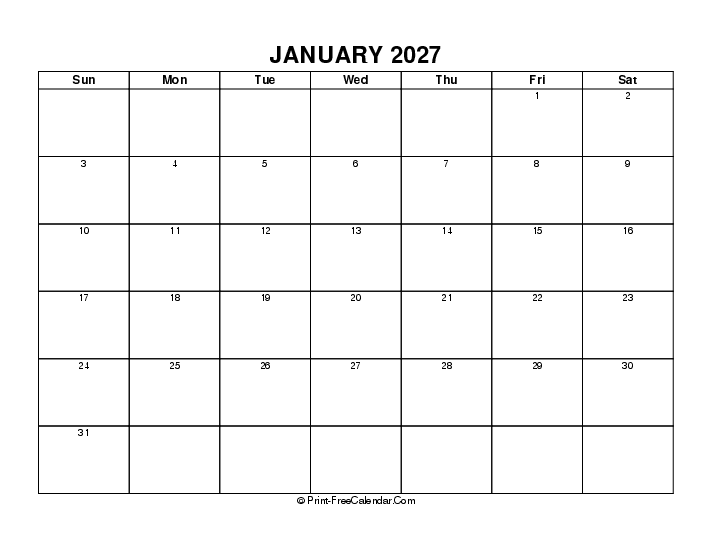 Blank January 2027 Calendar Sunday Start, Landscape Layout