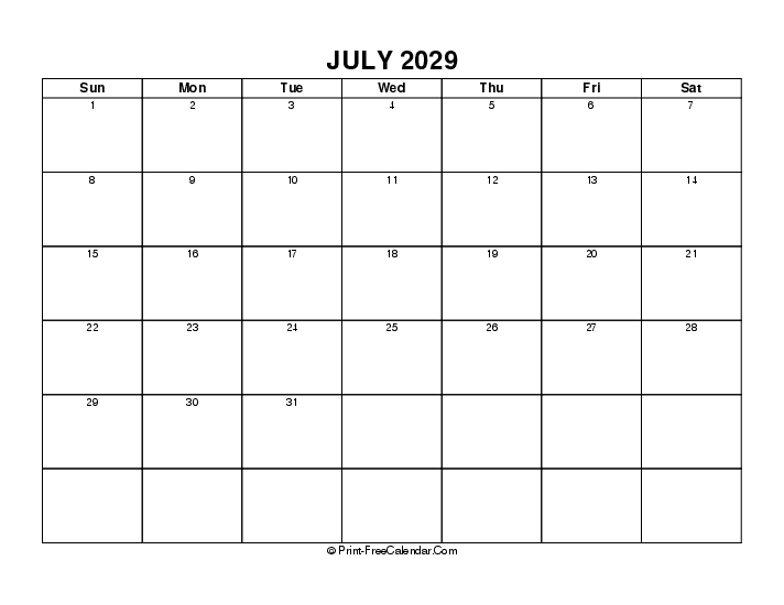 blank july 2029 calendar