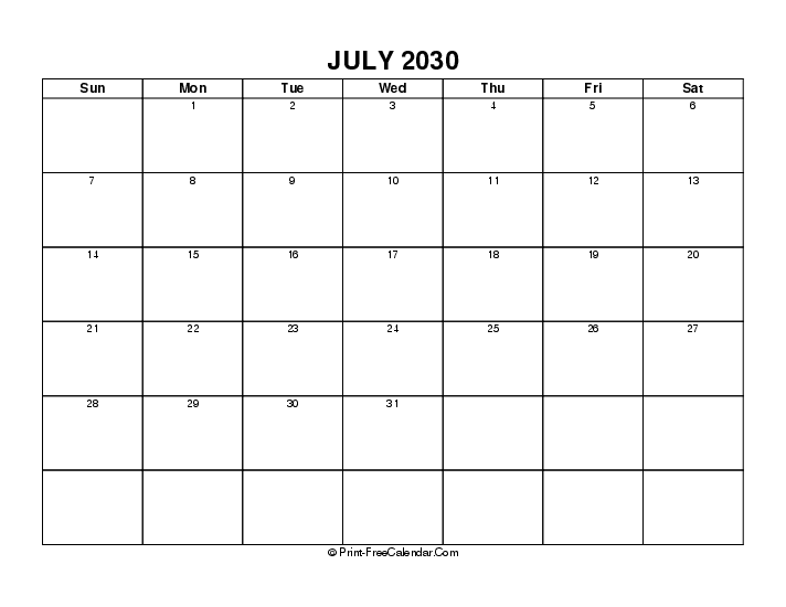 blank july 2030 calendar