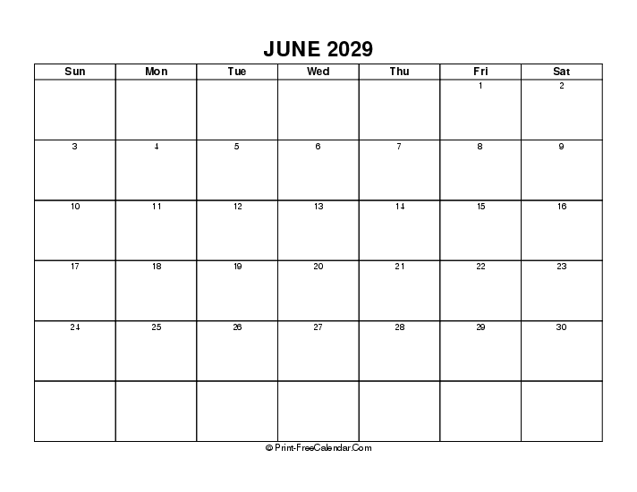 Blank June 2029 Calendar Sunday Start, Landscape Layout