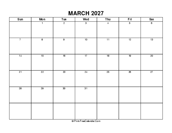 Blank March 2027 Calendar Sunday Start, Landscape Layout