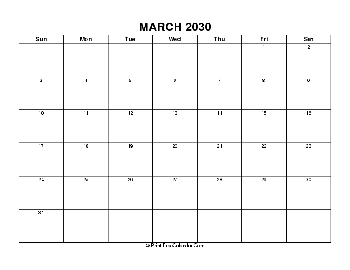 blank march 2030 calendar