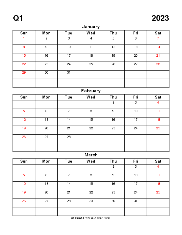 blank quarterly calendar q1 2023 january february march sunday start