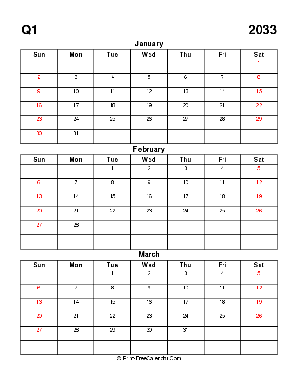 blank quarterly calendar q1 2033 january february march sunday start