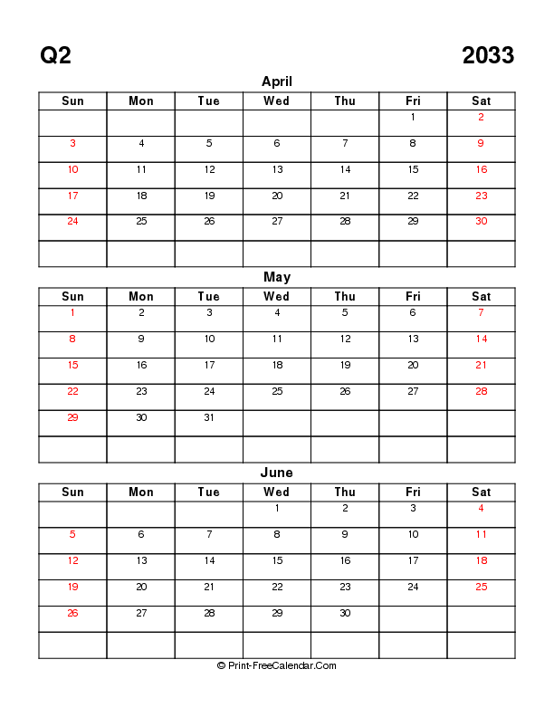 blank quarterly calendar q2 2033 april may june sunday start